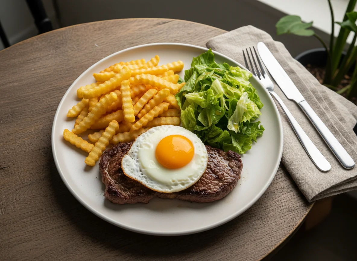 Bife com ovo, batatas fritas e salada photo