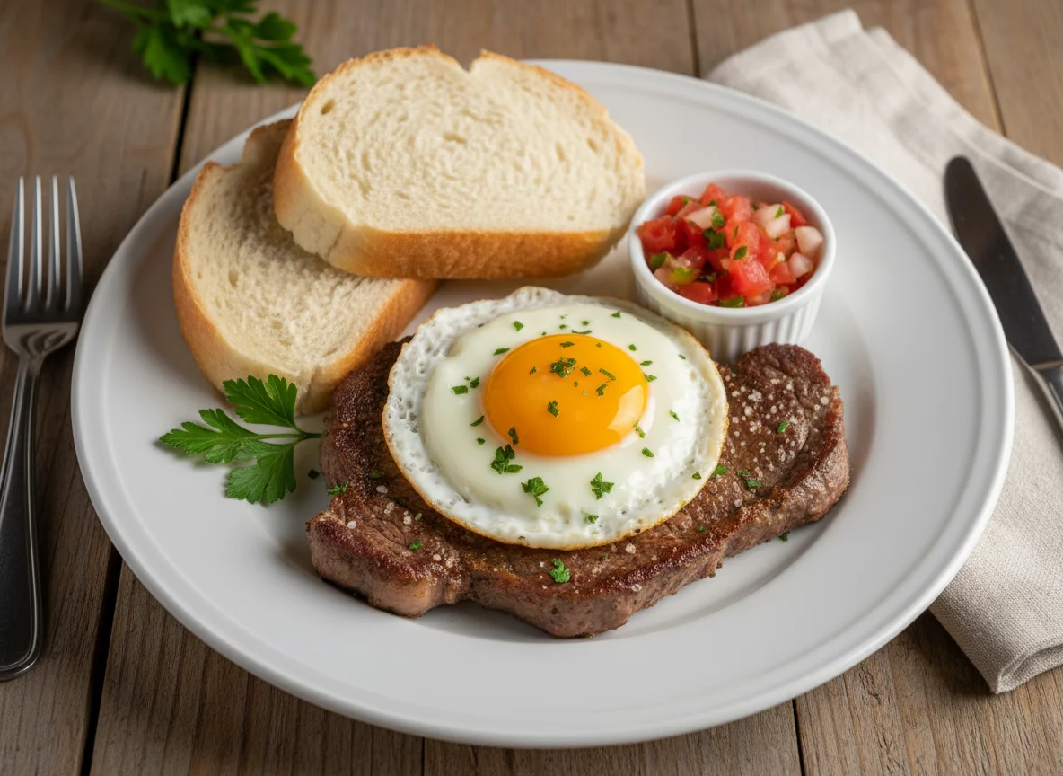 Bife com ovo e pão photo