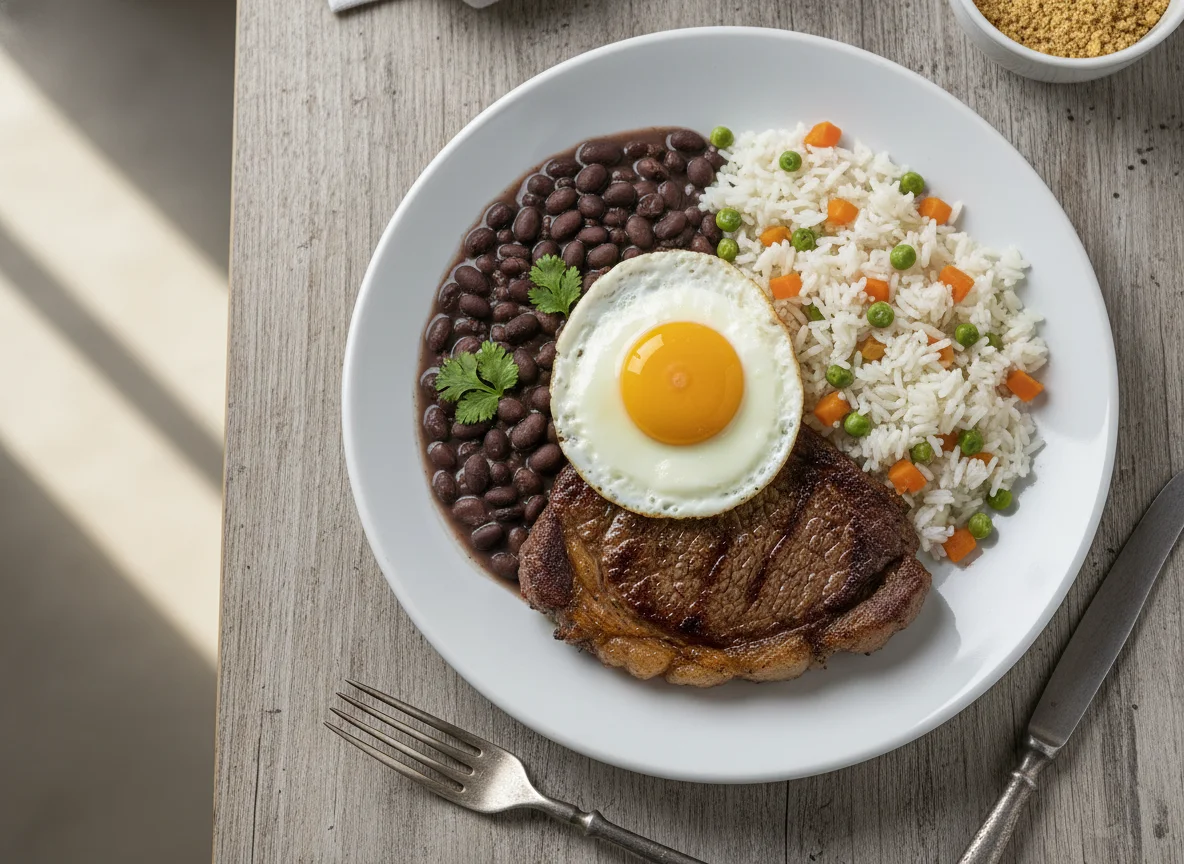 Bife com ovo, feijão e arroz photo