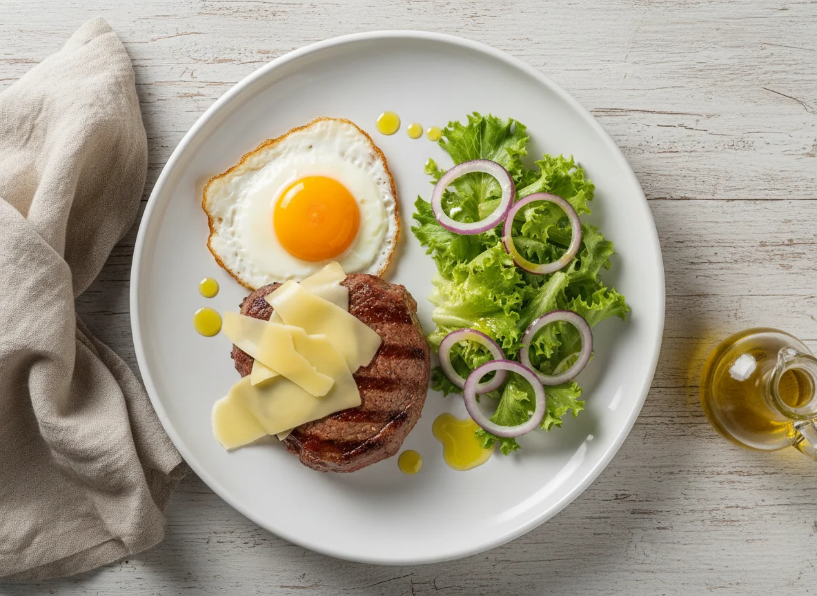 Bife com ovo, queijo e salada photo