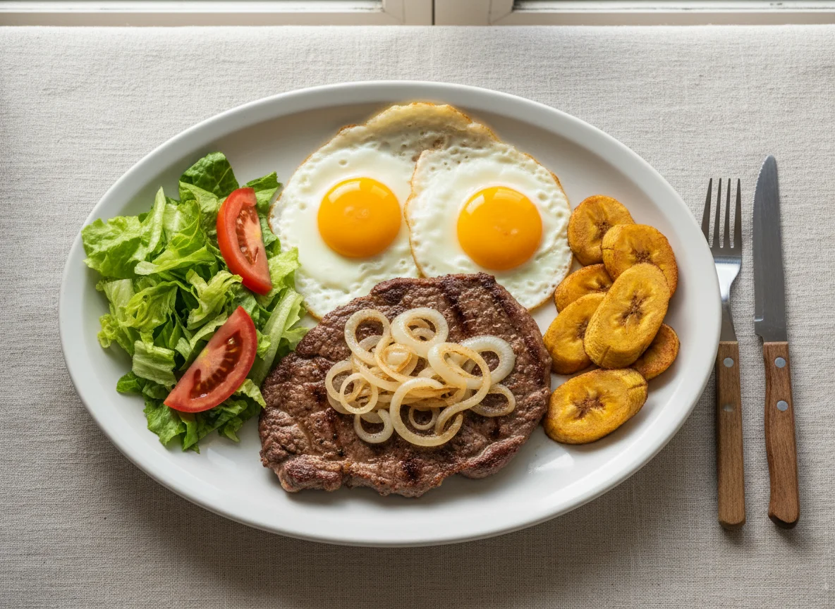 Bife com ovos, banana da terra e salada photo