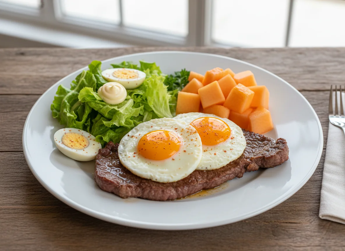 Bife com ovos, salada e melão photo