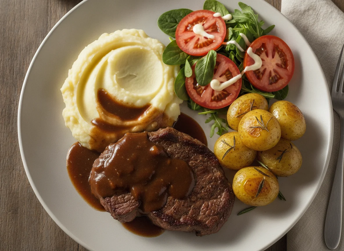 Bife com purê de batata, batatas assadas e salada photo
