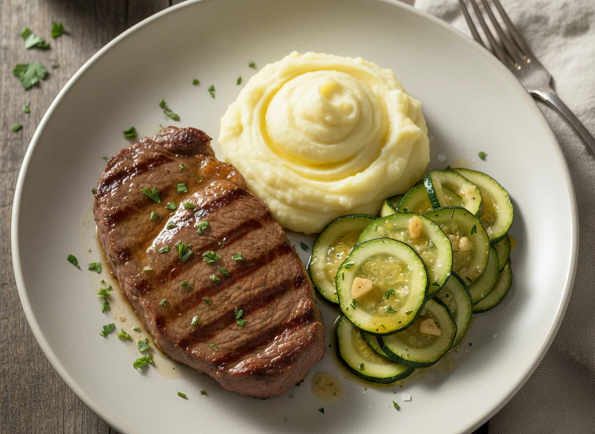 Bife com purê de batata e abobrinha refogada photo