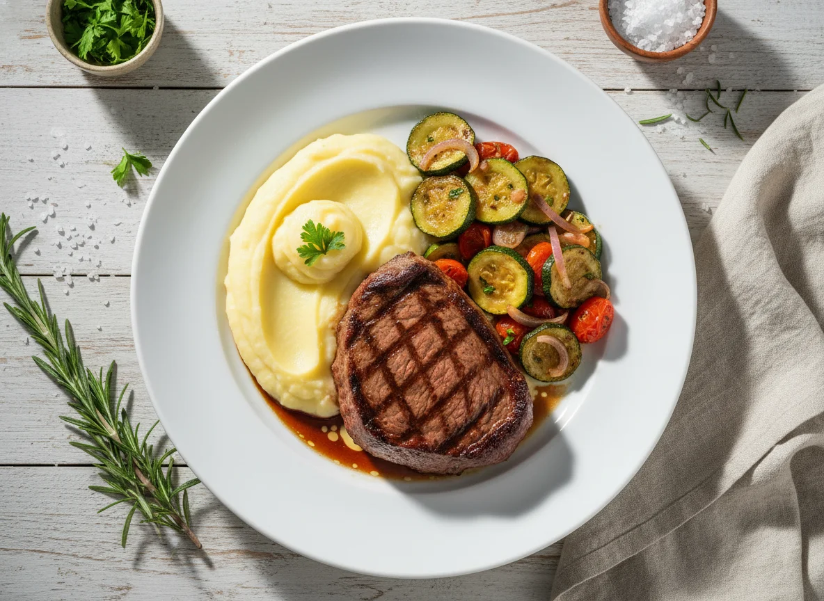Bife com purê de batata e abobrinha salteada photo