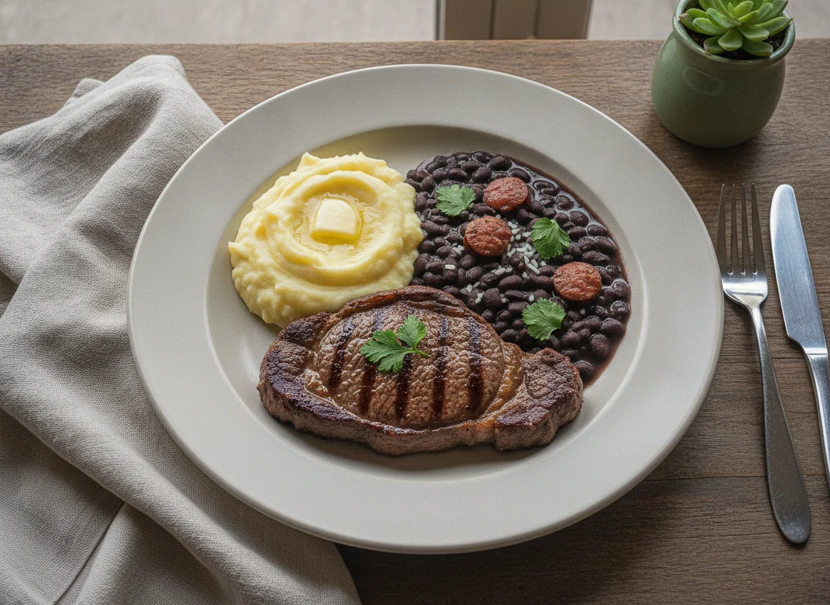 Bife com Purê de Batata e Feijão Preto photo