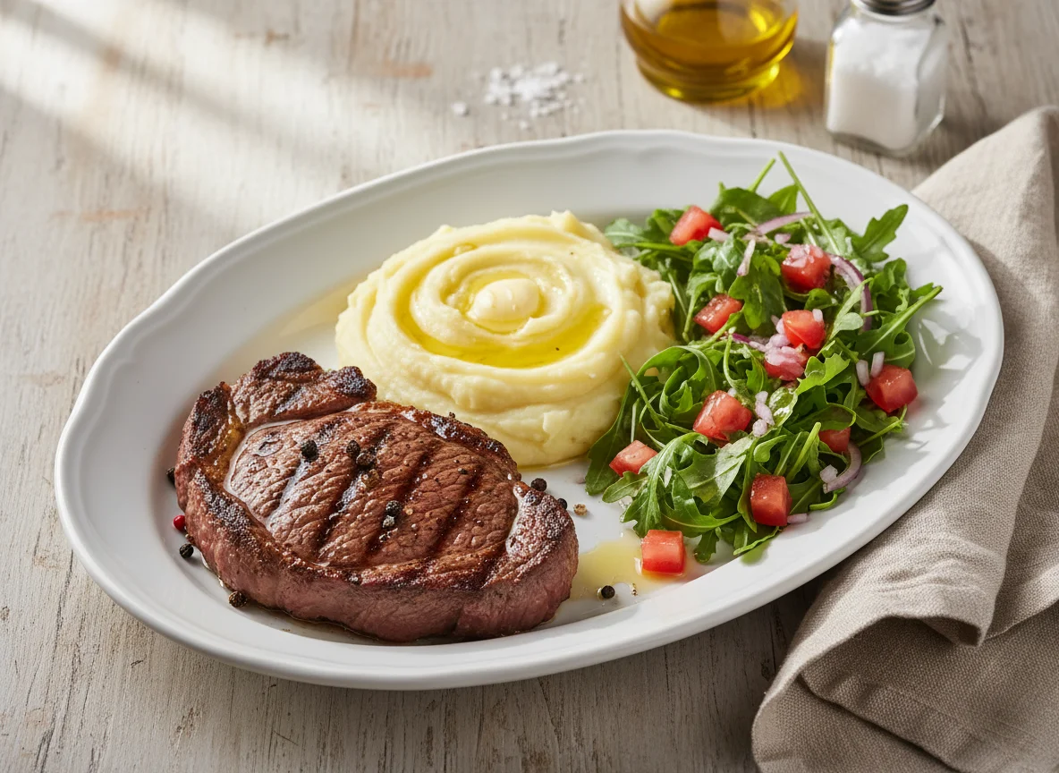 Bife com purê de batata e salada photo