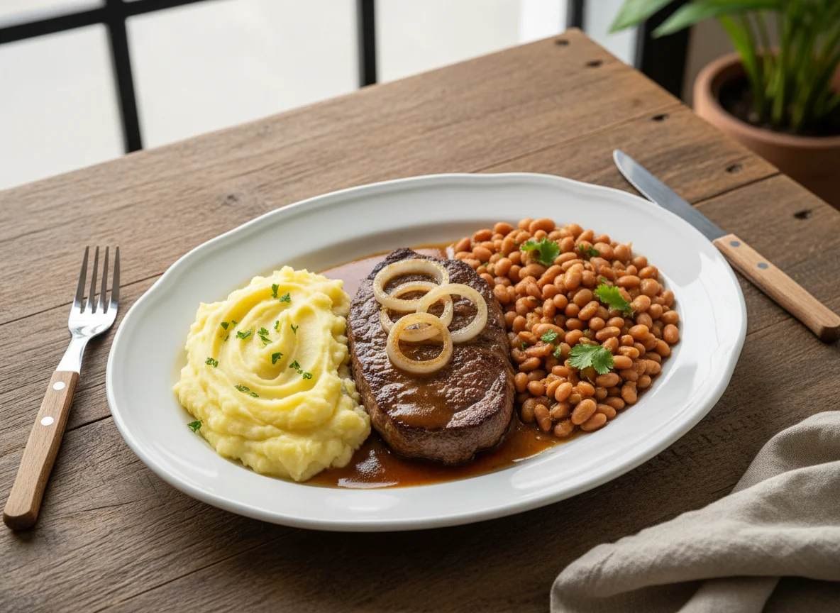 Bife com purê de batata, feijão e cebola photo
