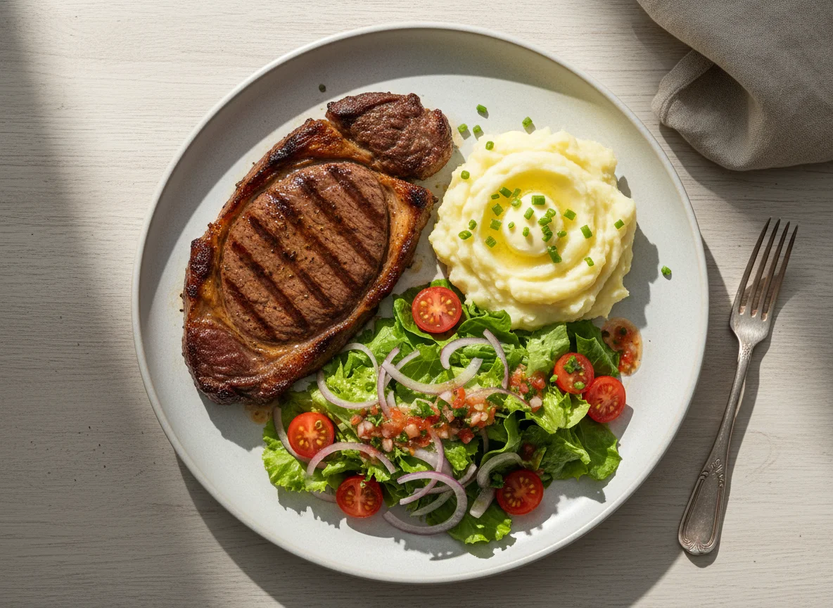 Bife com purê de batatas e salada photo