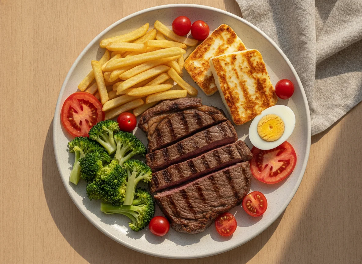 Bife com Queijo Coalho, Batata Frita e Vegetais photo