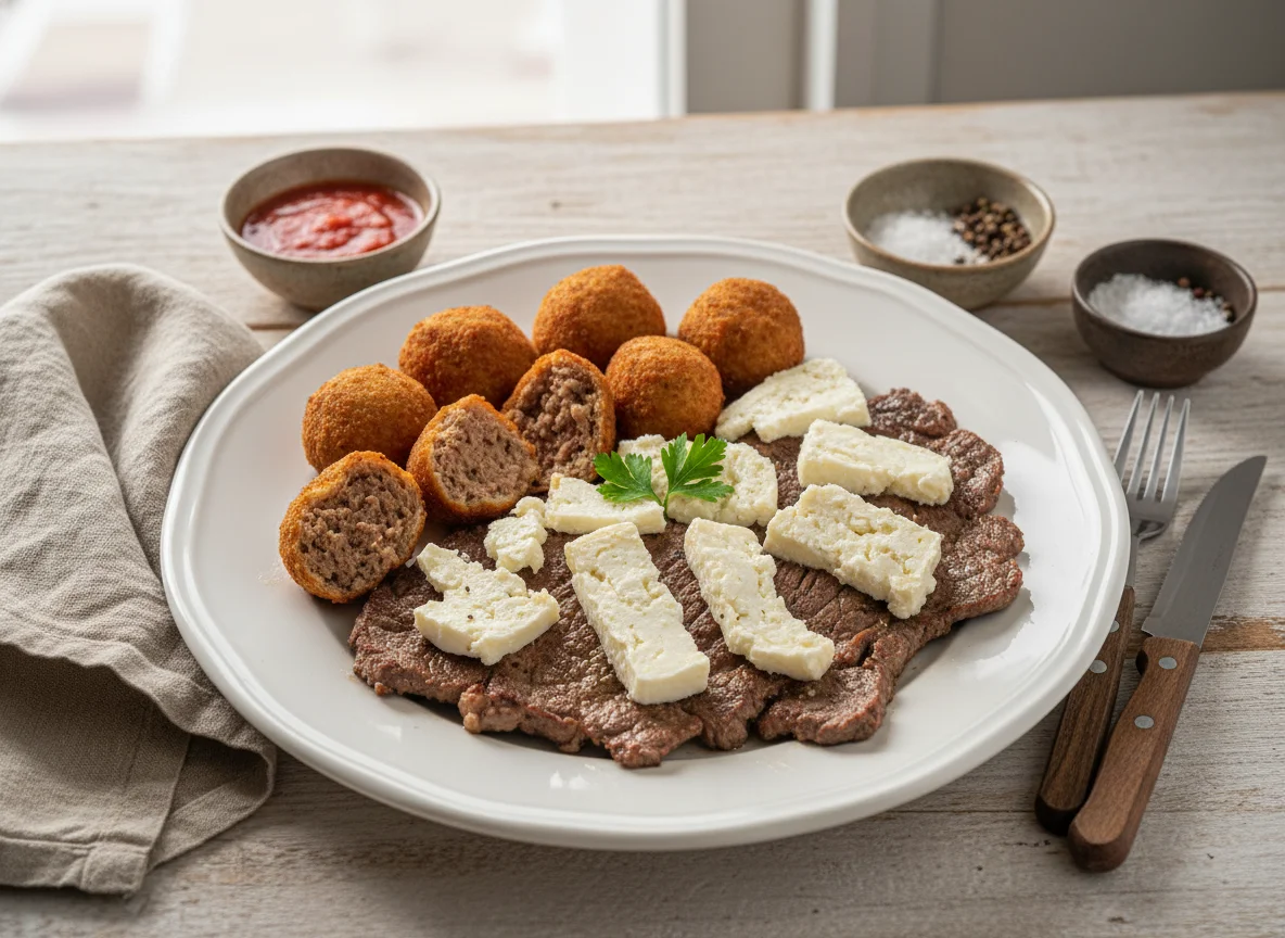 Bife com queijo e bolinhos de carne photo