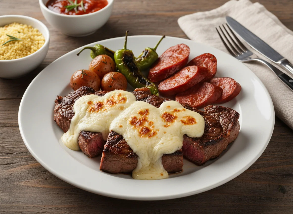Bife com queijo e chouriço photo