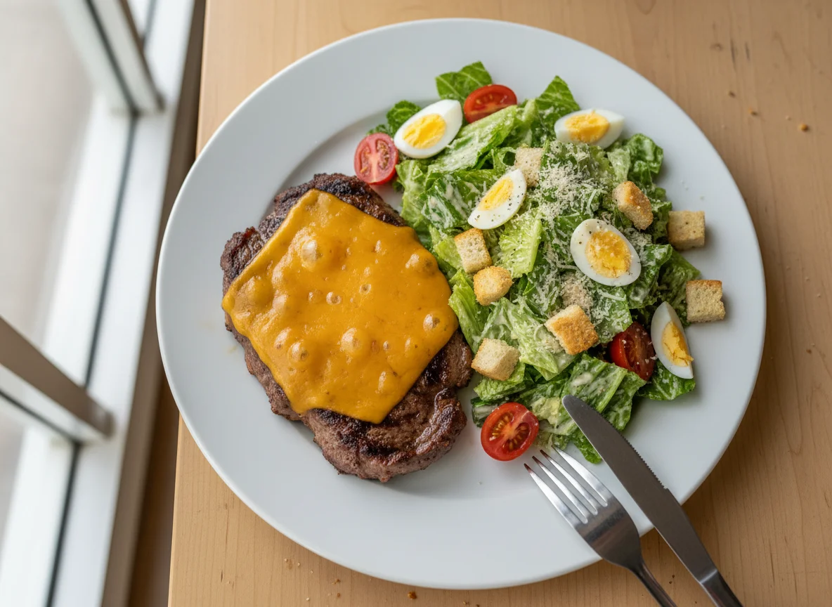 Bife com queijo e salada Caesar photo