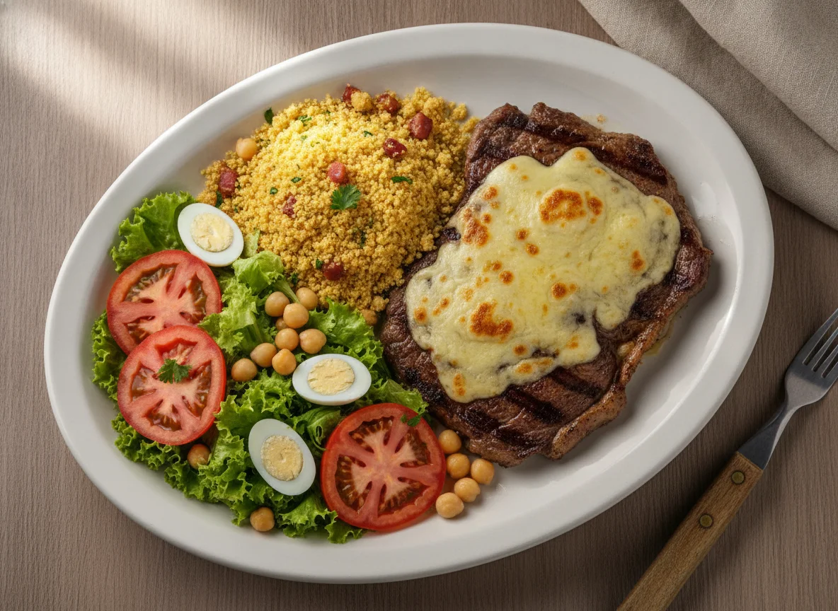 Bife com queijo, salada e farofa photo