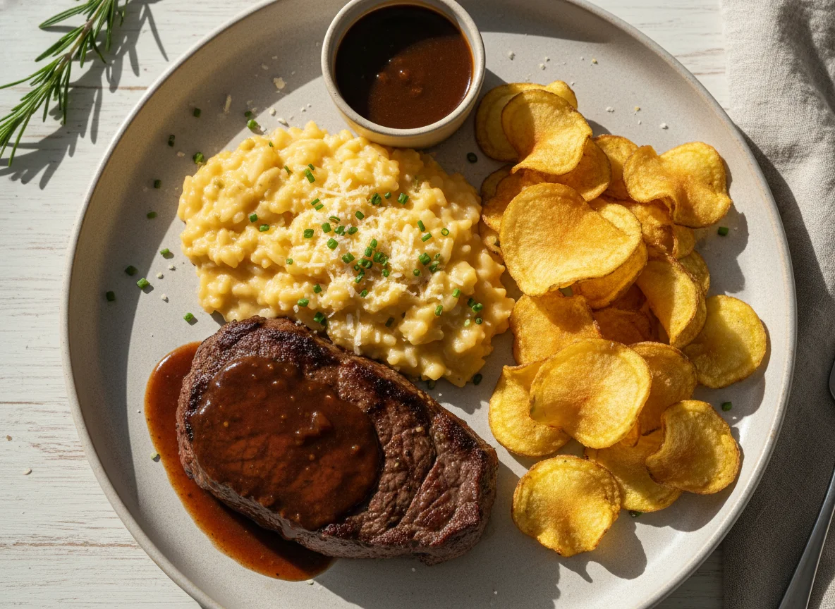 Bife com Risoto e Chips de Batata photo