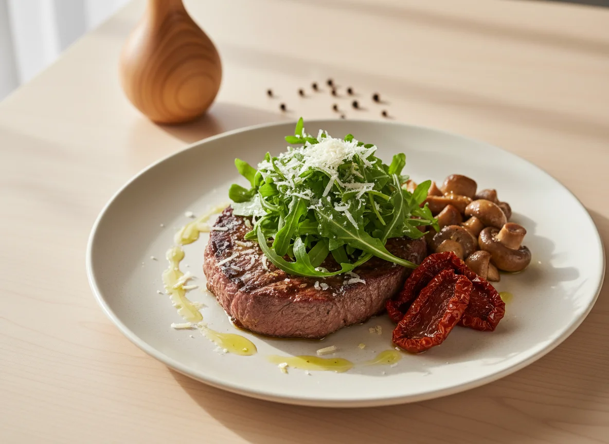 Bife com Rúcula, Queijo e Cogumelos photo