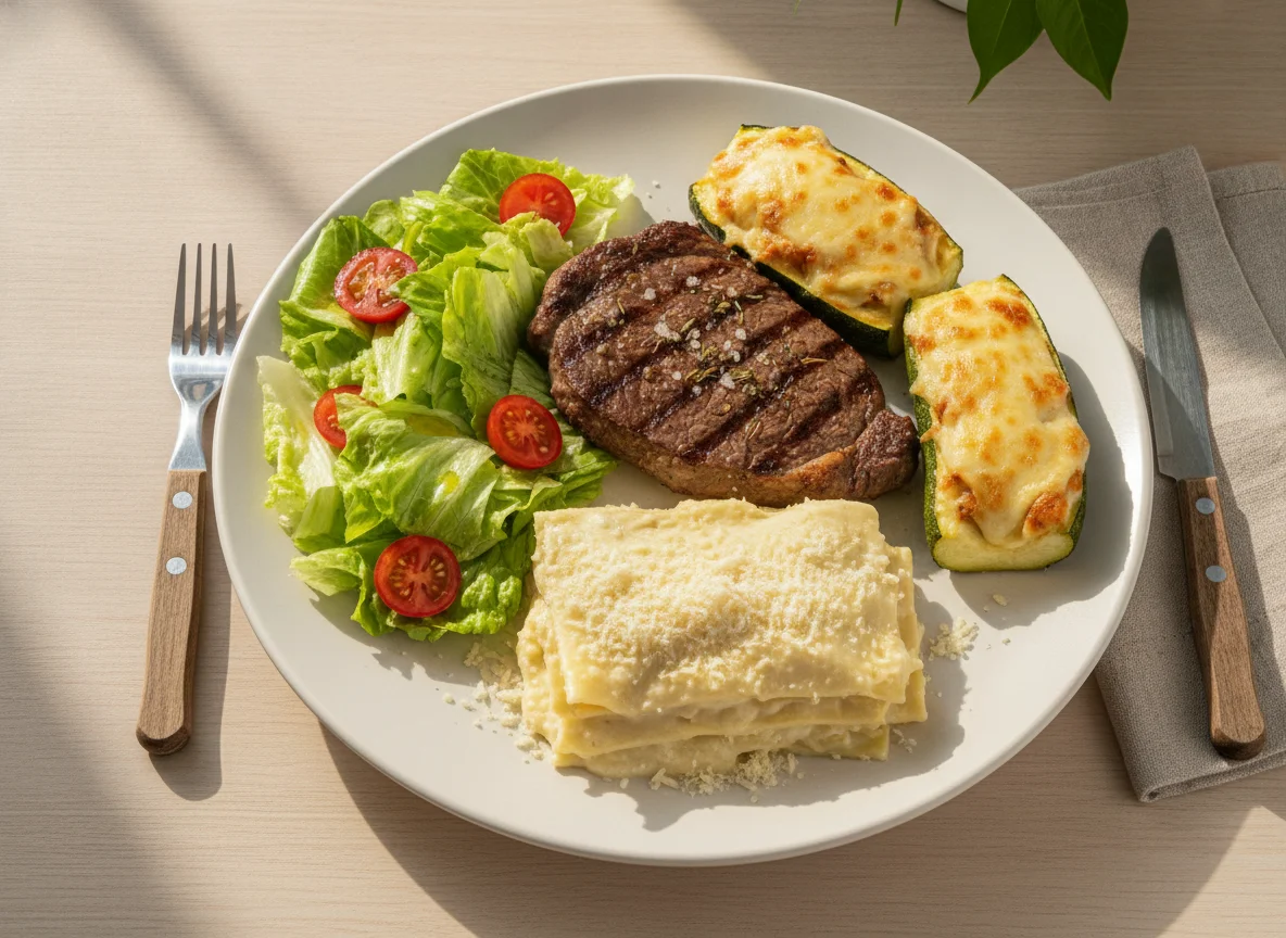 Bife com salada, abobrinha recheada e lasanha photo