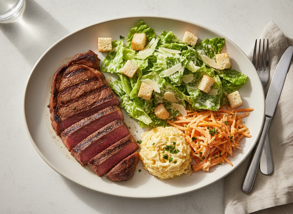 Bife com salada Caesar e salada de cenoura photo