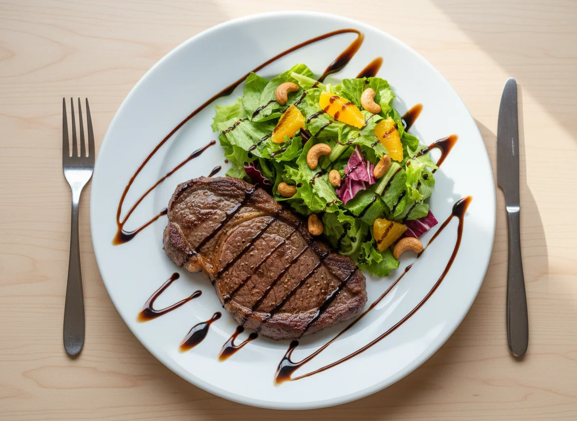 Bife com salada de alface, castanha de caju e molho balsâmico photo