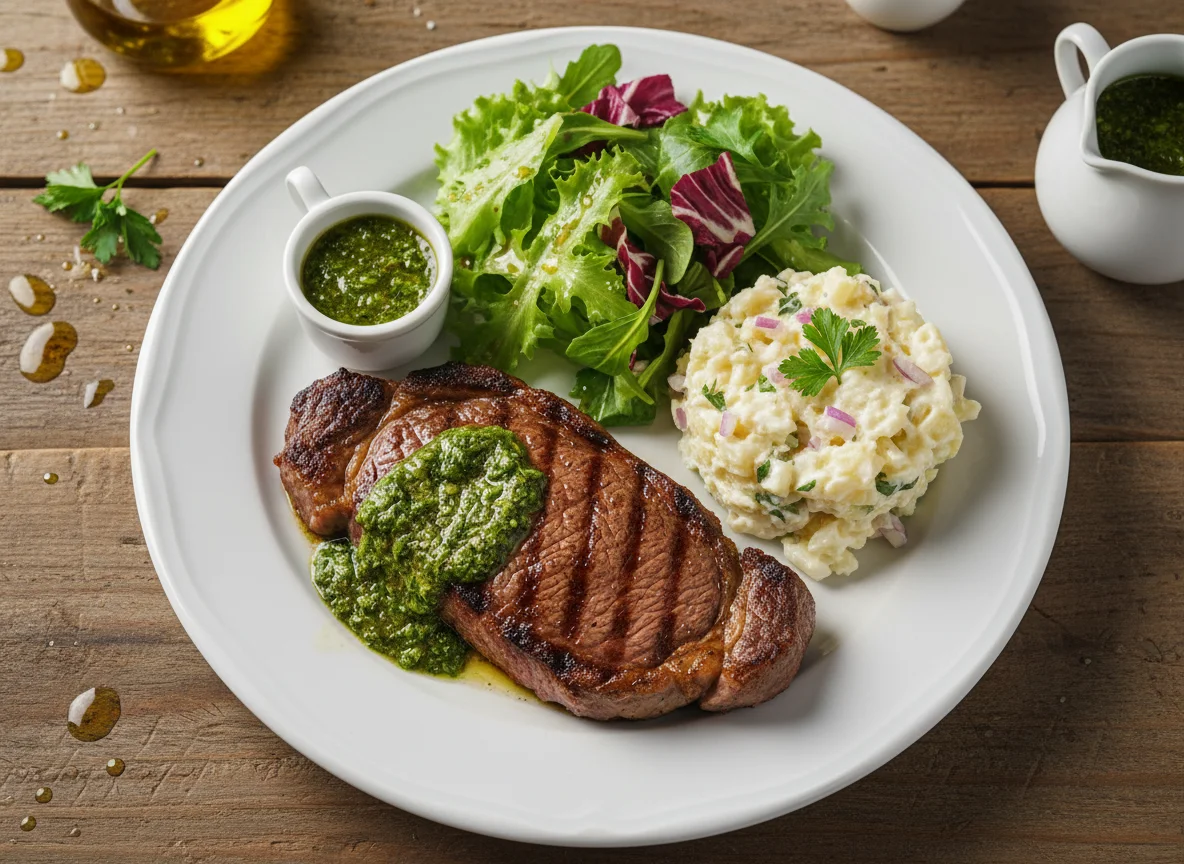 Bife com Salada de Batata e Salada Verde photo