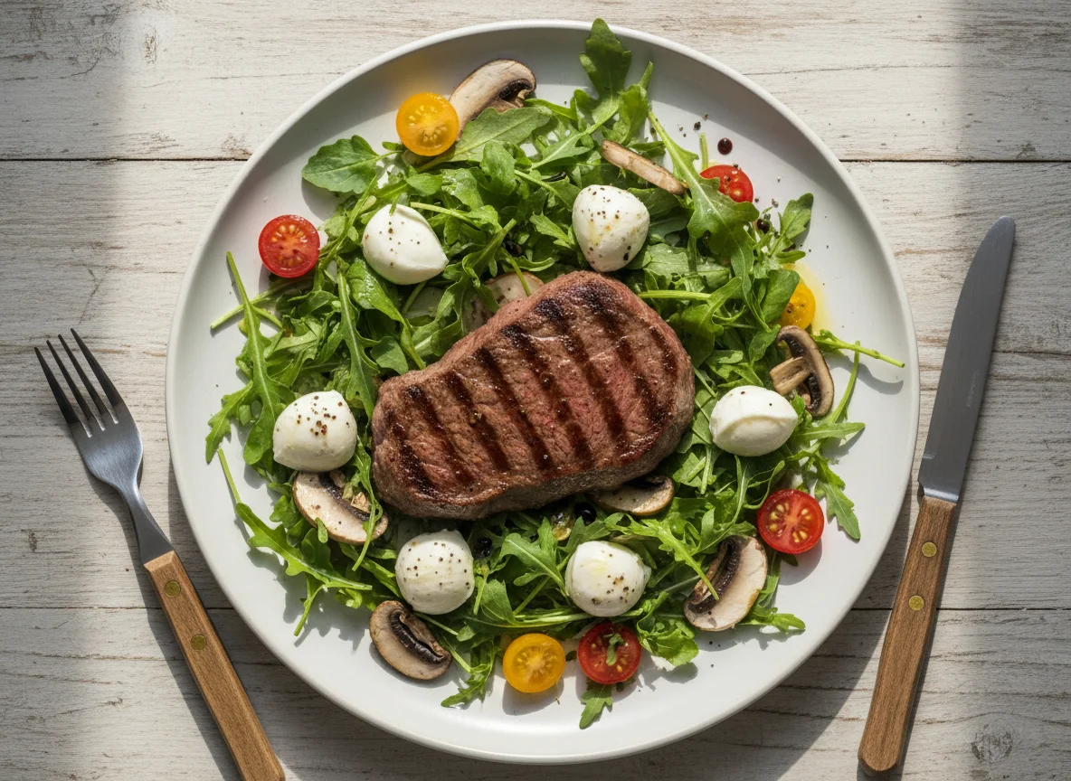 Bife com Salada de Cogumelos e Mozzarella photo