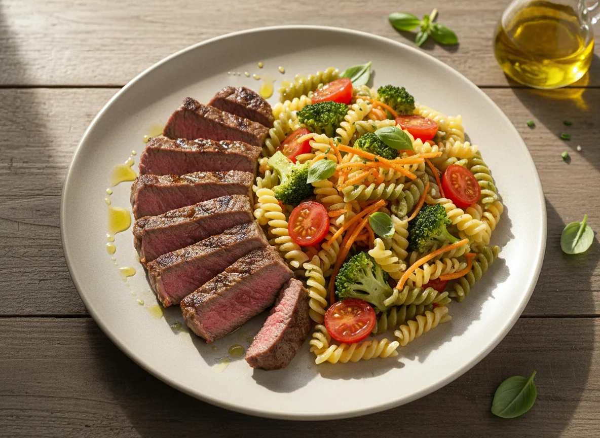 Bife com Salada de Macarrão e Vegetais photo