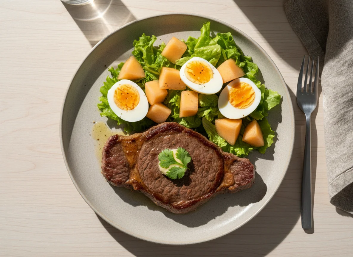 Bife com salada de ovos e melão photo