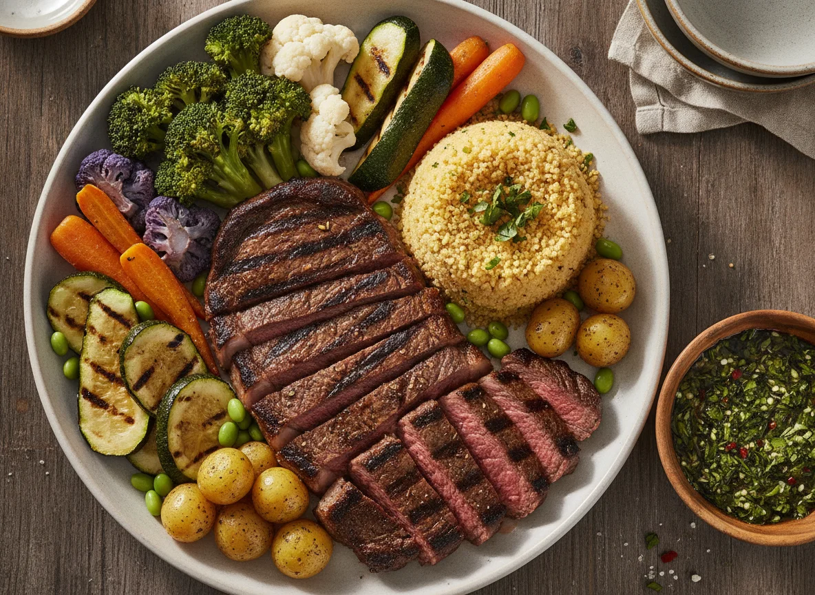 Bife de Ancho com Legumes Grelhados, Cuscuz e Chimichurri photo