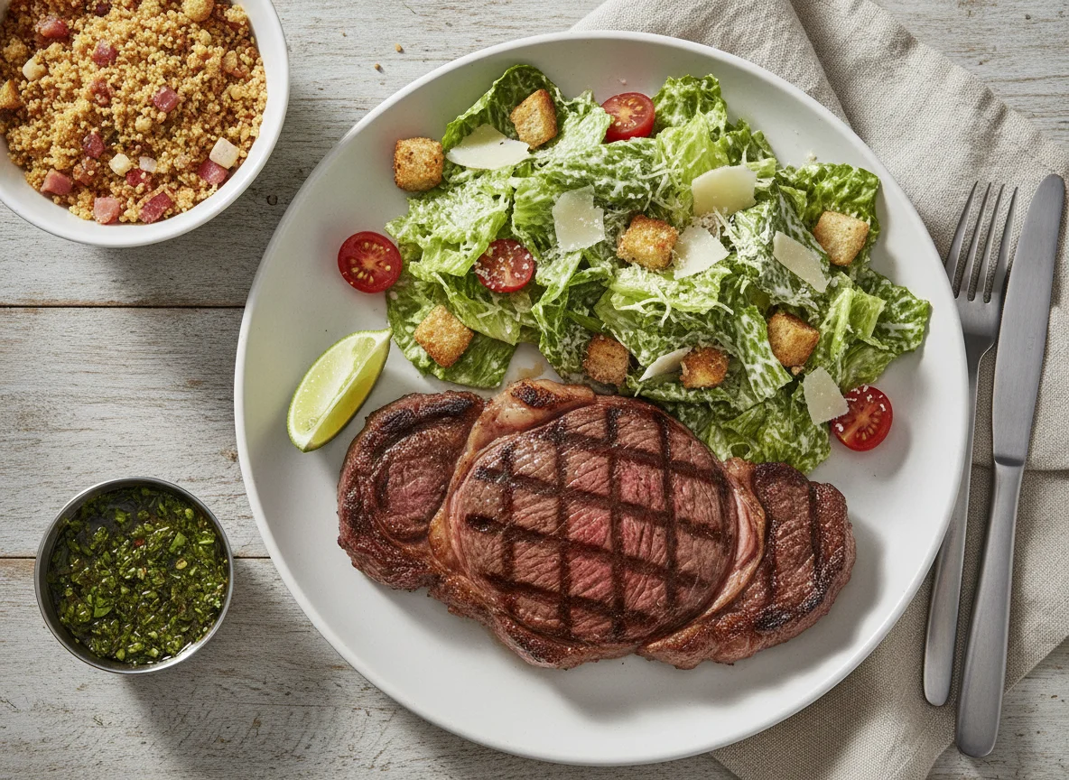 Bife de Ancho com Salada Caesar e Farofa photo