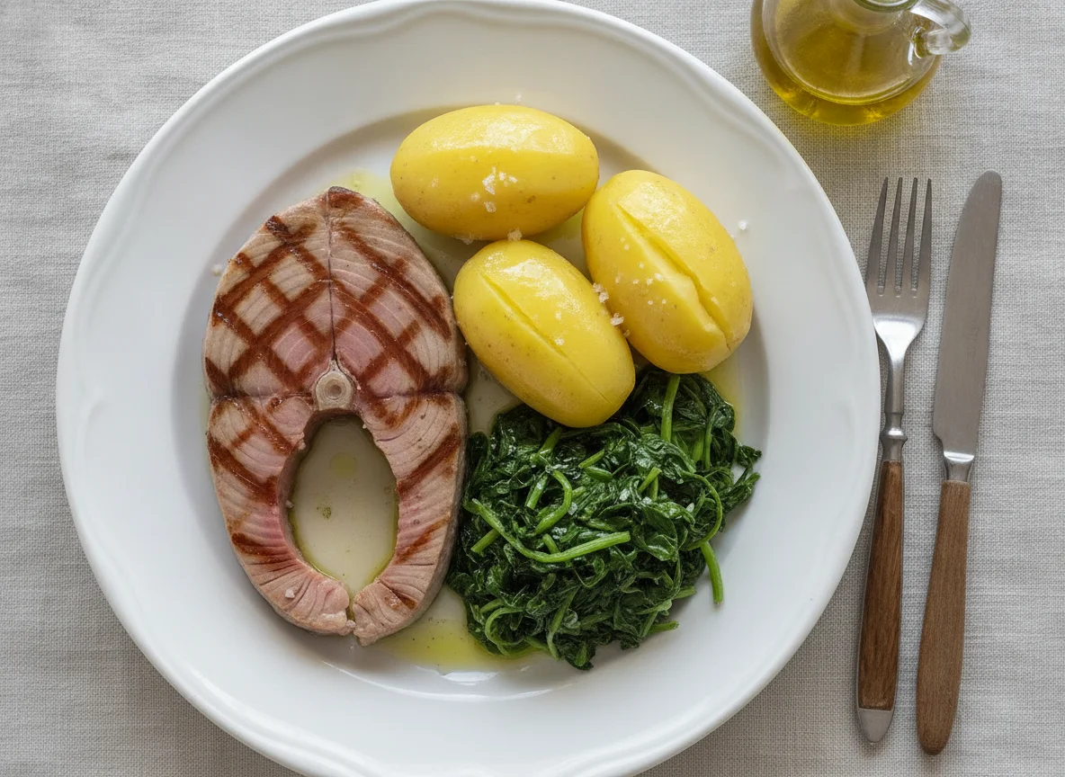 Bife de Atum com Batata Cozida e Grelos photo