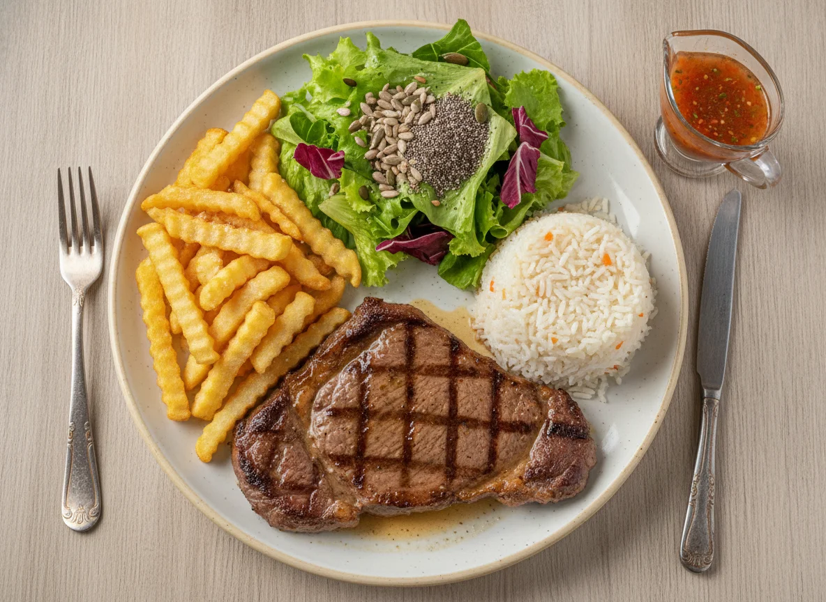 Bife de carne bovina com arroz, batata frita e salada photo