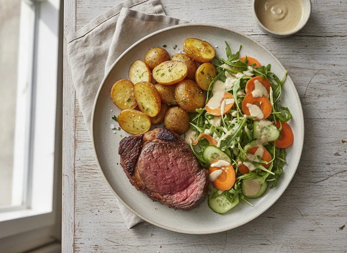 Bife de carne bovina com batatas assadas e salada photo