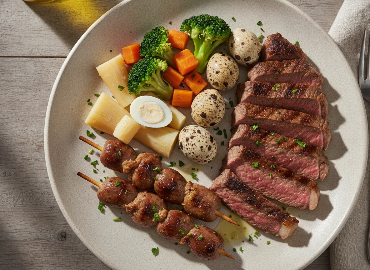 Bife de carne bovina com corações de frango e vegetais photo