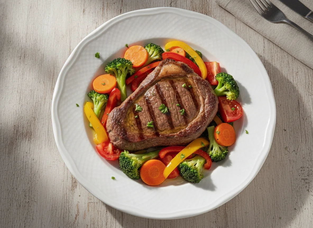 Bife de carne bovina com mix de vegetais photo