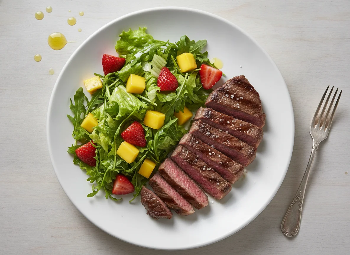 Bife de carne bovina com salada de frutas e folhas photo