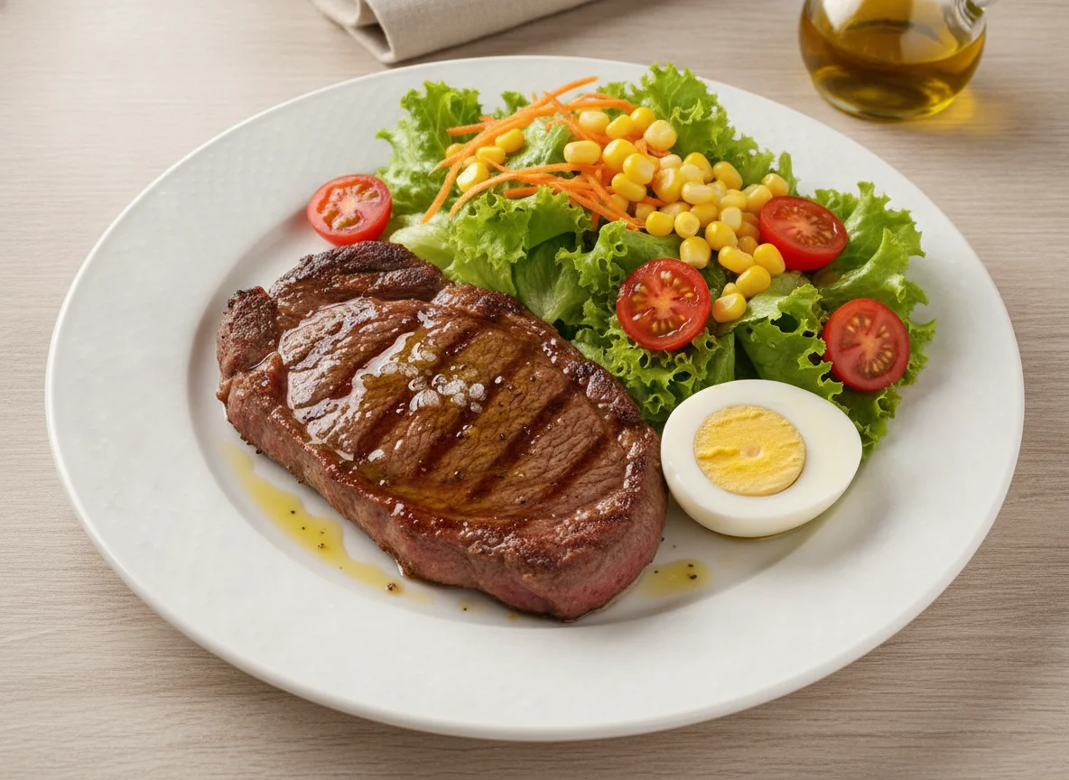 Bife de carne bovina com salada e ovo cozido photo