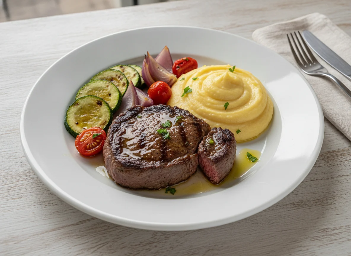 Bife de Carne com Legumes Grelhados e Purê photo