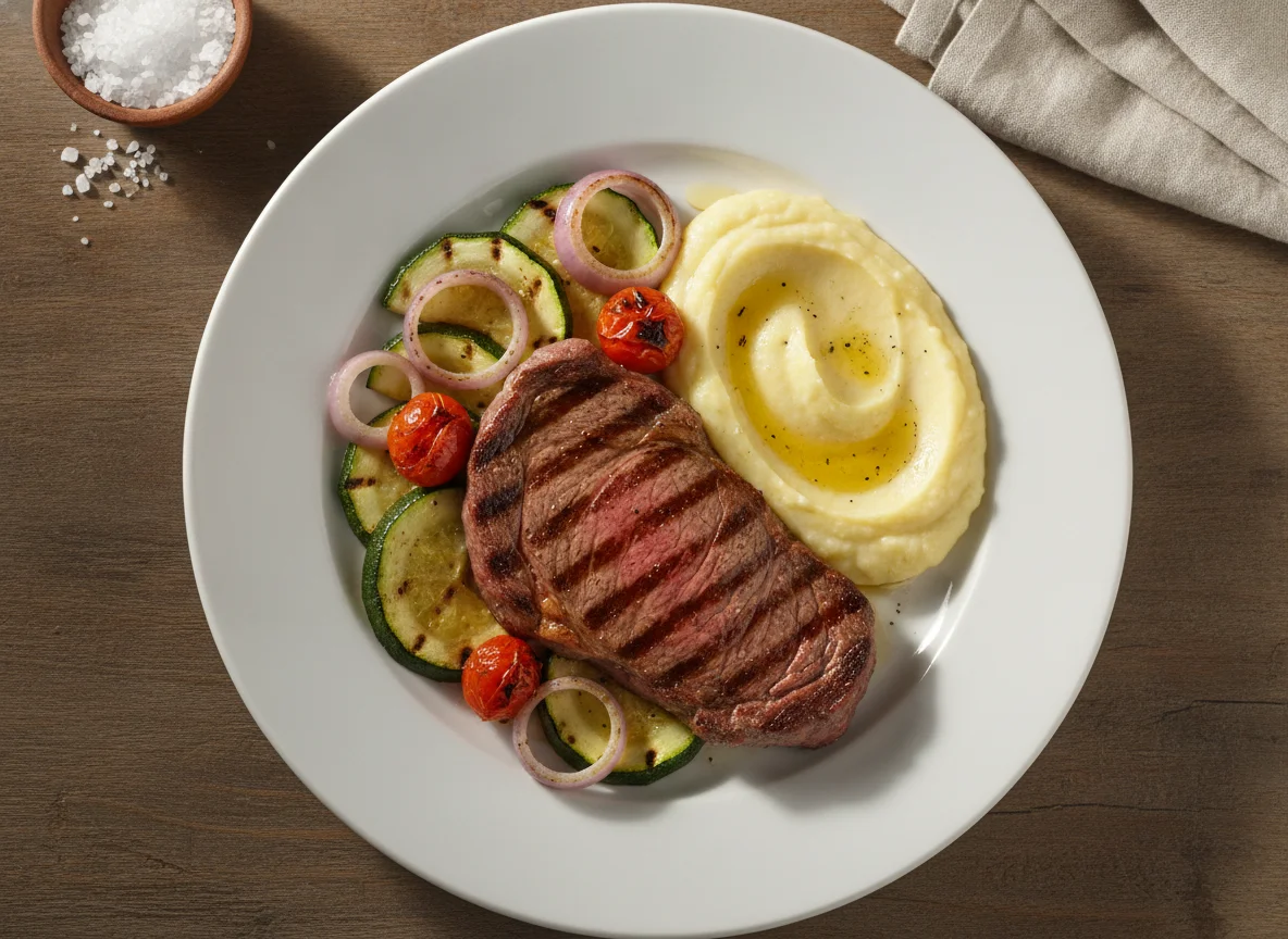 Bife de Carne com Legumes Grelhados e Purê de Mandioquinha photo