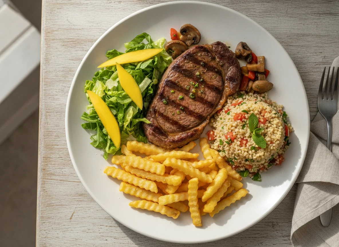 Bife de Carne com Salada, Batata Frita e Tabule photo
