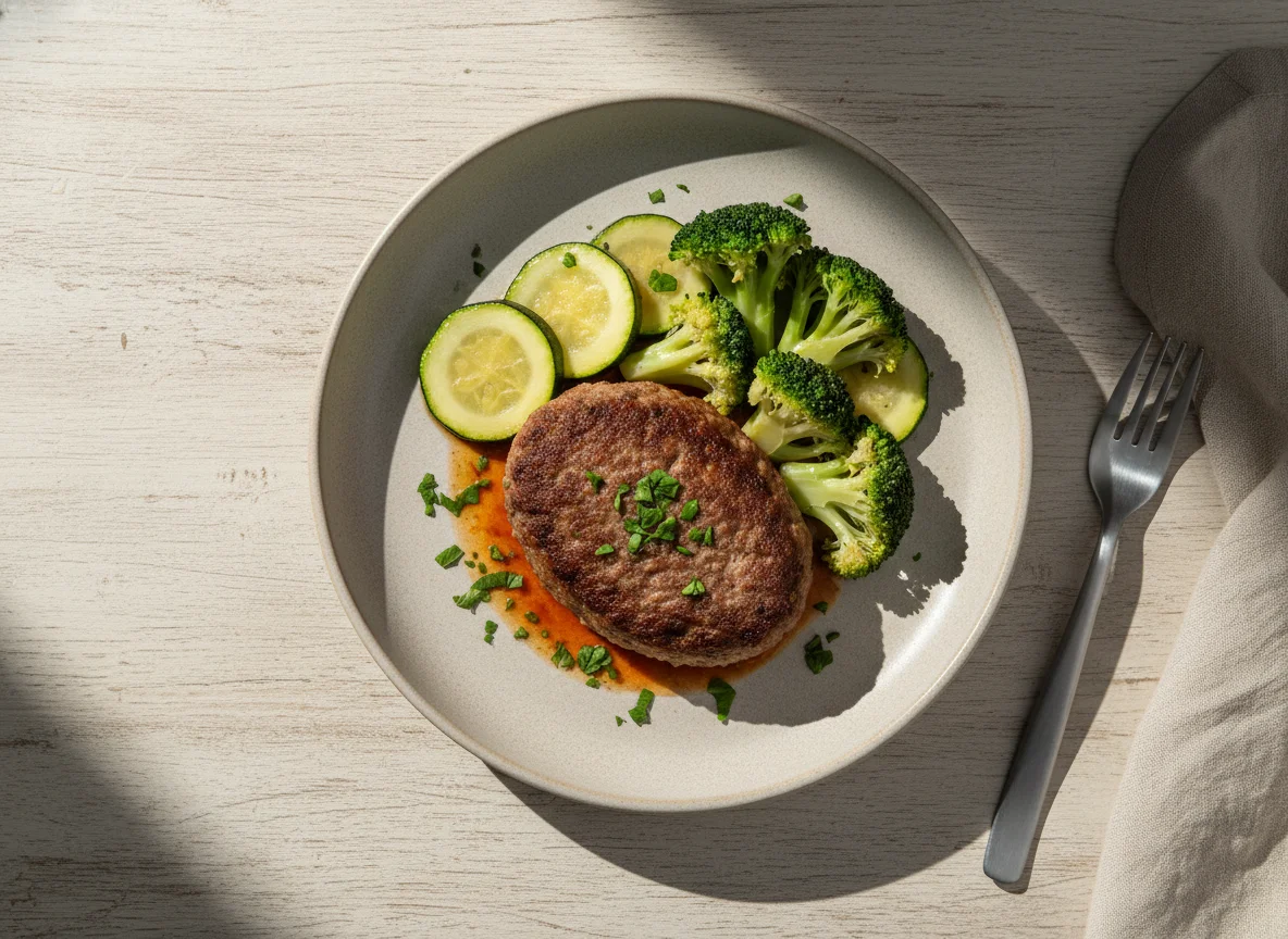Bife de carne moída com brócolis e abobrinha photo