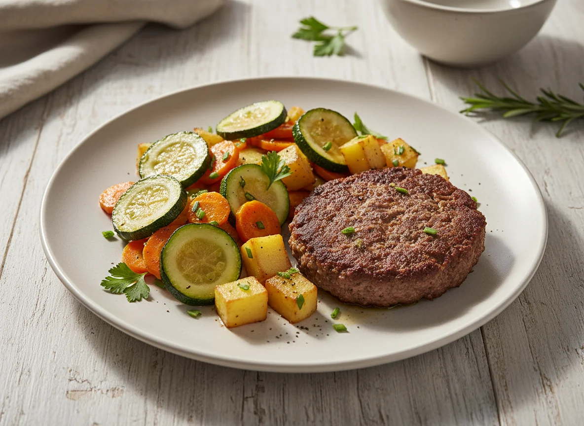 Bife de carne moída com legumes salteados photo