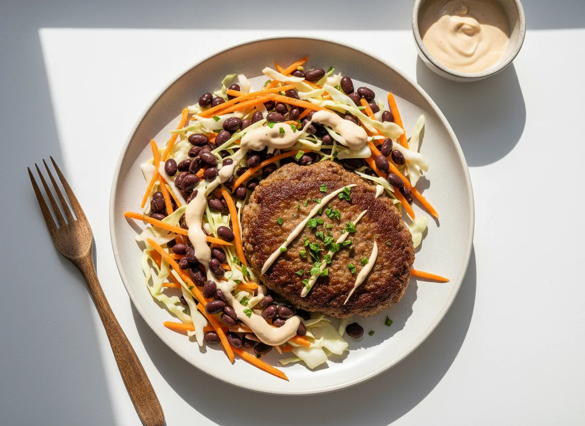 Bife de carne picada com salada de feijão e vegetais photo