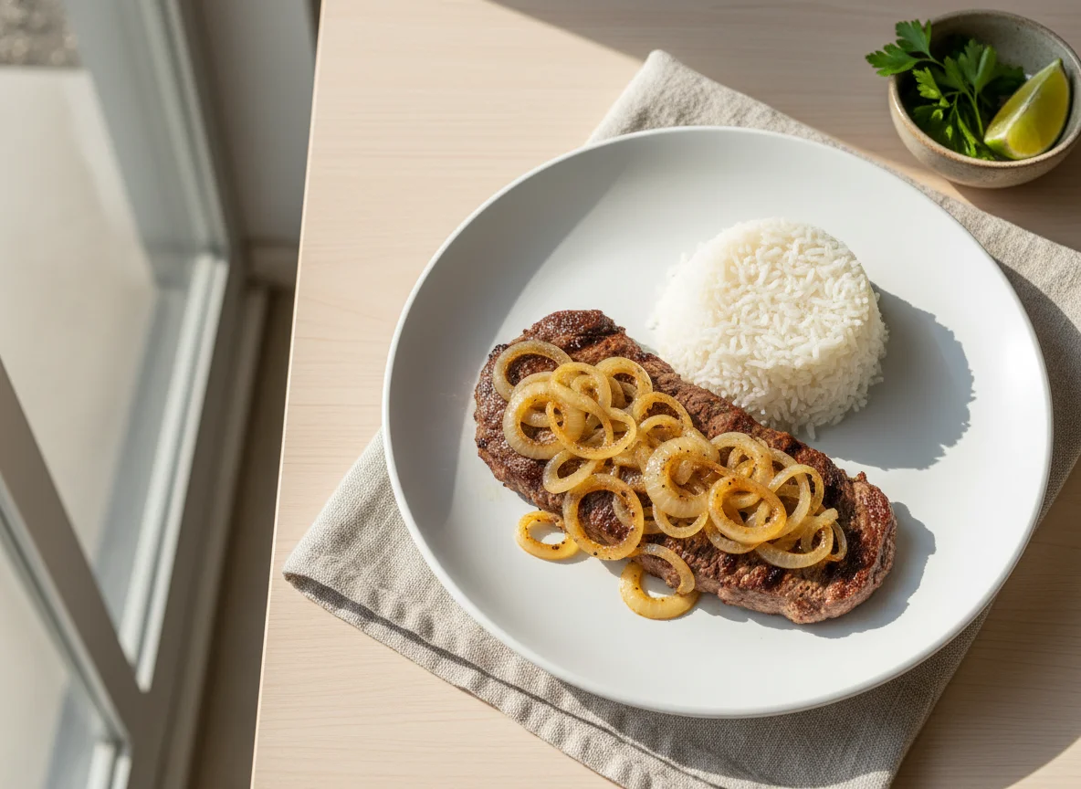 Bife de cebolada com arroz photo