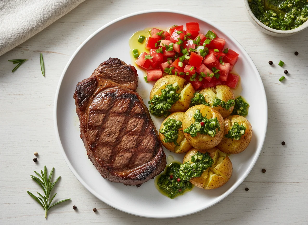 Bife de Chorizo com Batatas ao Murro e Salada de Tomate photo