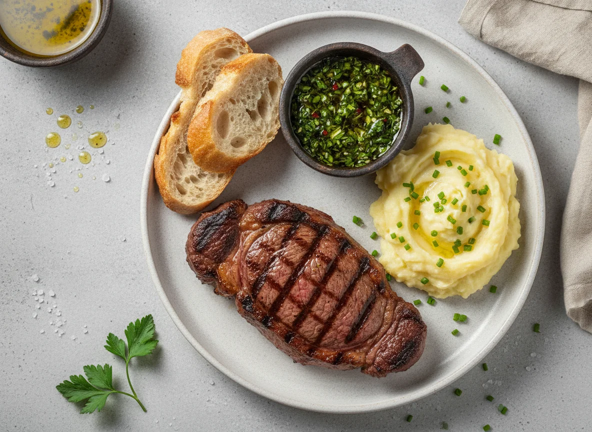 Bife de Chorizo com Purê de Batata e Chimichurri photo