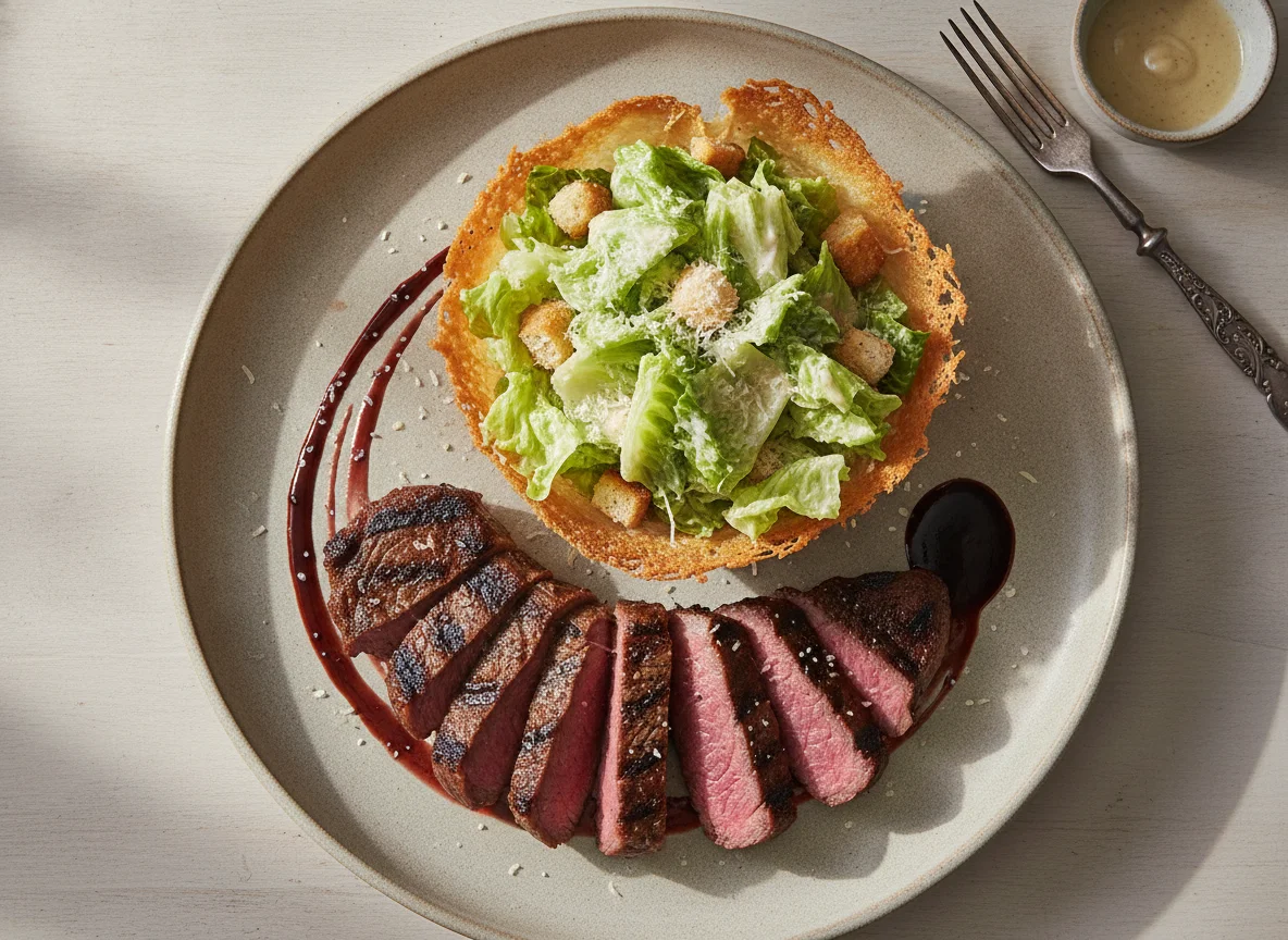 Bife de Chorizo com Salada Caesar em Cesta de Parmesão photo