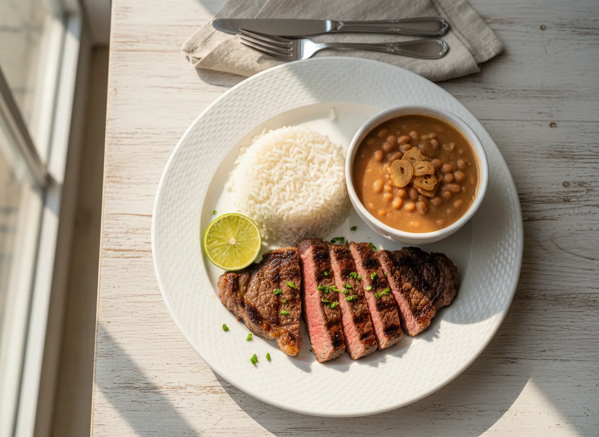 Bife de contra filé com arroz e feijão photo