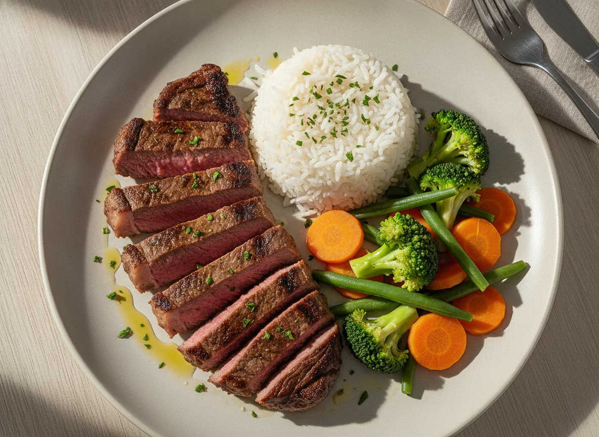 Bife de Contra Filé com Arroz e Vegetais photo