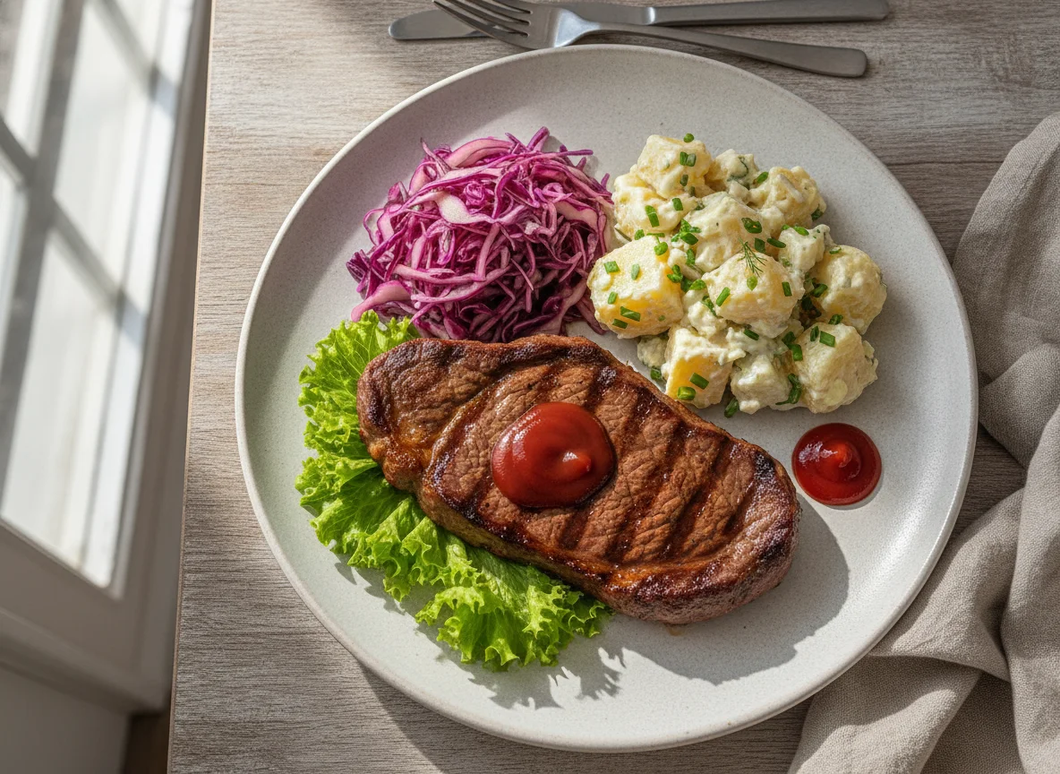 Bife de Contrafilé com Salada de Batata e Repolho Roxo photo
