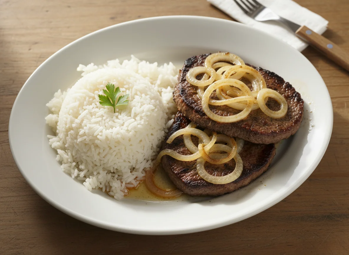 Bife de fígado acebolado com arroz photo